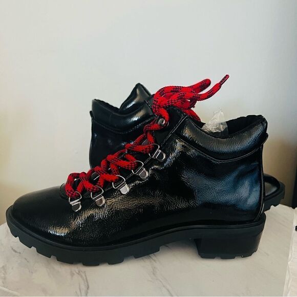 SCHUTZ Patent Leather Hiking Boots Booties, Red Laces/Black, Size 6.5, NWOT - Picture 13 of 17